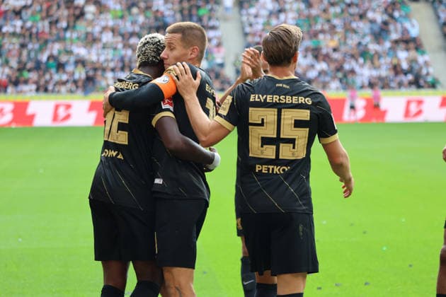 05.09.2026, Fussball, Herren, 1. Bundesliga, Saison 2026 2027, Borussia Mönchengladbach - SV 07 Elversberg, Torjubel zum 1:1, Torschütze: David Mokwa (SV 07 Elversberg) Mönchengladbach Ista-Borussia-Park Nordrhein-Westfalen Deutschland (DEU) *** September 5, 2026, Soccer, Men s, 1. Bundesliga, 2026–2027 season, Borussia Mönchengladbach vs. SV 07 Elversberg, goal celebration after the 1–1 equalizer, goal scorer David Mokwa, SV 07 Elversberg vs. Mönchengladbach, live at Borussia Park, North Rhine-Westphalia, Germany (DEU) Copyright: xSebastianxBachx
