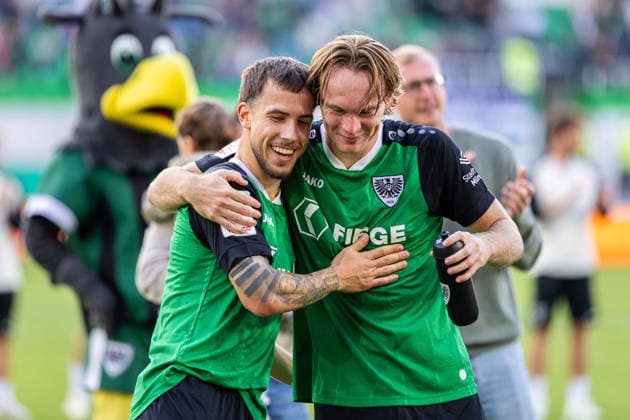 L R Louis Kolbe, SC Preussen Münster, 02, Ryan Johansson, SC Preussen Münster, 20, celebrating the 2–1 victory after the final whistle; GER, SC Preussen Münster vs. TSV Havelse, soccer, 3rd League, Matchday 4, 2026–2027 season, September 5, 2026 DFL regulations prohibit the use of photographs as image sequences and or quasi-video GER, SC Preussen Münster vs. TSV Havelse, soccer, 3rd League, Matchday 4, 2026–2027 season, September 5, 2026, Münster Copyright: xEibner-Pressefoto JanxRollingerx EP_JSK