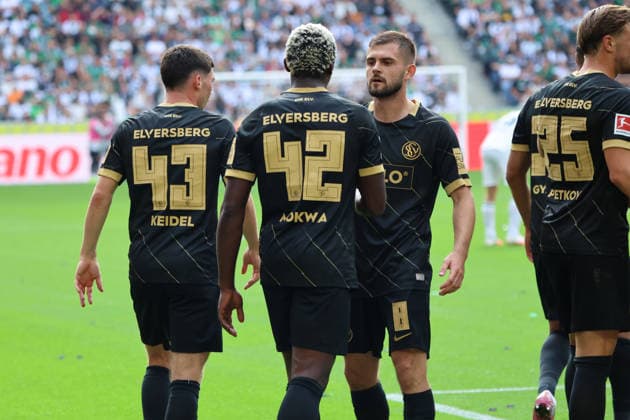 05.09.2026, Fussball, Herren, 1. Bundesliga, Saison 2026 2027, Borussia Mönchengladbach - SV 07 Elversberg, Torjubel zum 1:1, Torschütze: David Mokwa (SV 07 Elversberg) Mönchengladbach Ista-Borussia-Park Nordrhein-Westfalen Deutschland (DEU) *** September 5, 2026, Soccer, Men s, 1. Bundesliga, 2026–2027 season, Borussia Mönchengladbach vs. SV 07 Elversberg, celebration of the 1–1 goal, goal scorer David Mokwa, SV 07 Elversberg vs. Mönchengladbach, live at Borussia Park, North Rhine-Westphalia, Germany, DEU Copyright: xSebastianxBachx