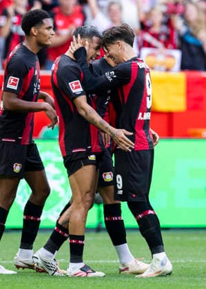 Leverkusen, Bayarena, 05.09.2026: Axel Facunda Medina of Leverkusen (L) celebrates scoring the 2:0 goal with Afonso Bastardo Moreira of Leverkusen during 1.Bundesliga Bayer 04 Leverkusen vs. FC Union Berlin. *** Leverkusen, Bayarena, September 5, 2026: Axel Facunda Medina of Leverkusen L celebrates scoring the 2-0 goal with Afonso Bastardo Moreira of Leverkusen during the Bundesliga match between Bayer 04 Leverkusen and FC Union Berlin