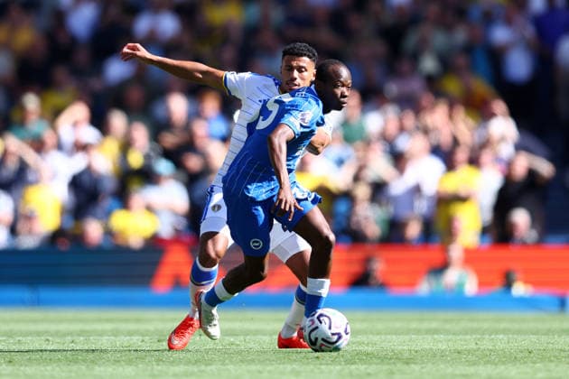 Brighton and Hove, England, 5th September 2026. Malick Yalcouye of Brighton & Hove Albion and James Justin of Leeds United challenge for the ball during the Brighton and Hove Albion vs Leeds United Premier League match at the AMEX Stadium, Brighton and Hove. Picture credit should read: Paul Terry Sportimage EDITORIAL USE ONLY. No use with unauthorised audio, video, data, fixture lists, club league logos or live services. Online in-match use limited to 120 images, no video emulation. No use in betting, games or single club league player publications. SPI_011_PT_Brighton_Leeds SPI-4972-0011