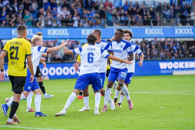 German Soccer, 3rd Division, Matchday 4, Hänsch Arena, SV Meppen vs. 1 FC Saarbrücken; Ersin Zehir (SV Meppen) scores the 6th goal to close the gap; celebration Copyright: xMichelxWittex