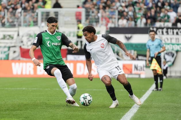Germany 3rd Division 2026–2027, Matchday 4: SC Preußen Münster vs. TSV Havelse, Saturday, September 5, 2026, LVM Preußenstadion, Münster, North Rhine-Westphalia, Germany—in a one-on-one battle: Antonio Tikvic (SC Preußen Münster), 4; Eric Voufack (TSV Havelse), 19 Copyright: xMerlexKölkingx