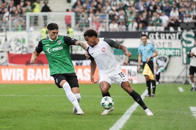 Germany 3rd Division 2026–2027, Matchday 4: SC Preußen Münster vs. TSV Havelse, Saturday, September 5, 2026, LVM Preußenstadion, Münster, North Rhine-Westphalia, Germany—in a one-on-one battle: Antonio Tikvic (SC Preußen Münster), 4; Eric Voufack (TSV Havelse), 19 Copyright: xMerlexKölkingx