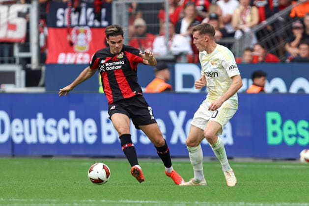 Miguel Gutierrez (Bayer 04 Leverkusen) und Michel Aebischer (1.FC Union Berlin) im Zweikampf waehrend des Spiels der 1. Bundesliga zwischen Bayer 04 Leverkusen und 1. FC Union Berlin, BayArena am 05. September 2026 in Leverkusen, Deutschland. (Foto von Oliver Kaelke DeFodi Images) +++ Miguel Gutierrez (Bayer 04 Leverkusen) und Michel Aebischer (1.FC Union Berlin) battle for the ball during the Bundesliga match between Bayer 04 Leverkusen and 1. FC Union Berlin at BayArena on September 5, 2026 in Leverkusen, Germany. (Photo by Oliver Kaelke DeFodi Images) DFB DFL REGULATIONS PROHIBIT ANY USE OF PHOTOGRAPHS AS IMAGE SEQUENCES AND OR QUASI-VIDEO. (Photo by Oliver Kaelke DeFodi Images) - *** Miguel Gutierrez of Bayer 04 Leverkusen and Michel Aebischer of 1 FC Union Berlin battle for the ball during the Bundesliga match between Bayer 04 Leverkusen and 1 FC Union Berlin at the BayArena on September 5, 2026, in Leverkusen, Germany. Photo by Oliver Kaelke, DeFodi Images. Miguel Gutierrez of Bayer 04 Leverkusen and Michel Aebischer of 1. FC Union Berlin battle for the ball during the Bundesliga match between Bayer 04 Leverkusen and 1. FC Union Berlin at BayArena on September 5, 2026 in Leverkusen, Germany. Photo by Oliver Kaelke, DeFodi Images. DFB and DFL regulations prohibit any use of photographs as image sequences and or quasi-video. Photo by Oliver Kaelke, DeFodi Images.