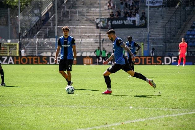 Germany Soccer Season 2026–2027, 3rd Division, Matchday 4, SV Waldhof Mannheim 07 vs. SC Verl, Carl Benz Stadium, Mannheim, Goncalo Gregorio, Goncalo Gregorio, SV Waldhof Mannheim, 9 on the ball, in possession, free kick, Mannheim, Carl Benz Stadium, Germany Copyright: xBennetxLongx