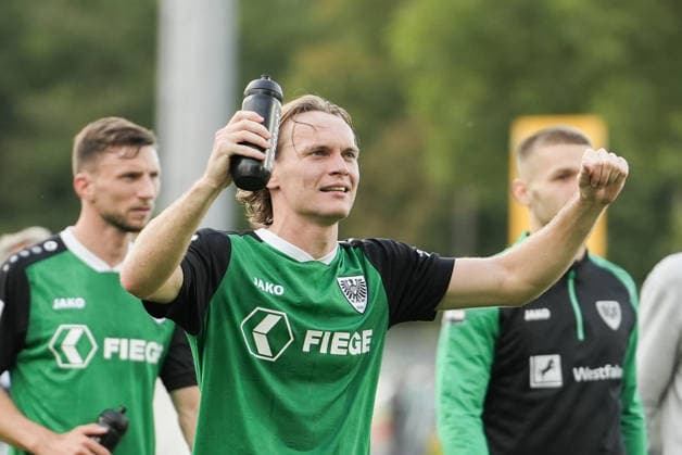 Germany 3rd Division 2026–2027, Matchday 4: SC Preußen Münster vs. TSV Havelse, Saturday, September 5, 2026, LVM Preußenstadion, Münster, North Rhine-Westphalia, Germany; Ryan Johansson, SC Preußen Münster, celebrating 20 minutes after the game Copyright: xMerlexKölkingx
