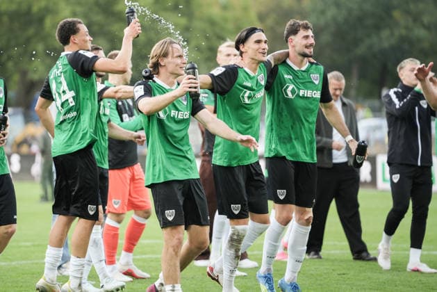 Germany 3rd Division 2026–2027, Matchday 4: SC Preußen Münster vs. TSV Havelse, Saturday, September 5, 2026, LVM Preußenstadion, Münster, North Rhine-Westphalia, Germany; Antonio Tikvic (SC Preußen Münster), 4 Ryan Johansson, SC Preußen Münster; 20 Lucas Zeller, SC Preußen Münster; 5 Samuel Althaus, SC Preußen Münster; 44 Post-match joy and excitement Copyright: xMerlexKölkingx