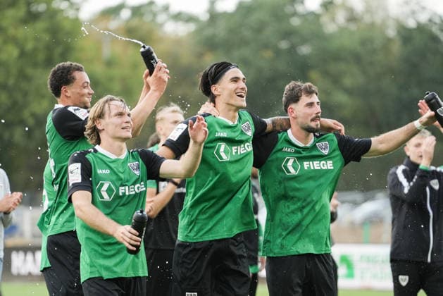Germany 3rd Division 2026–2027, Matchday 4: SC Preußen Münster vs. TSV Havelse, Saturday, September 5, 2026, LVM Preußenstadion, Münster, North Rhine-Westphalia, Germany; Antonio Tikvic (SC Preußen Münster), 4 Ryan Johansson, SC Preußen Münster; 20 Lucas Zeller, SC Preußen Münster; 5 Samuel Althaus, SC Preußen Münster; 44 Post-match joy and excitement Copyright: xMerlexKölkingx