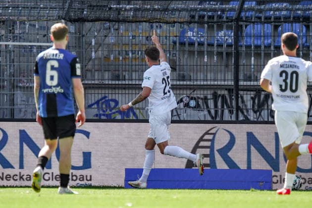 Germany Soccer Season 2026–2027, 3rd Division, Matchday 4, SV Waldhof Mannheim 07 vs. SC Verl, Carl Benz Stadium, Mannheim, Tim Heike (SC Verl), 25th goal and goal celebration for the 0–1, goal, goal celebration, celebration, joy, emotions, Mannheim, Carl Benz Stadium, Germany Copyright: xBennetxLongx