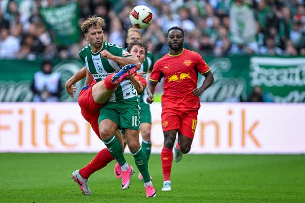 1. Bundesliga: SV Werder Bremen - RB Leipzig am 05.09.2026 im Weserstadion in Bremen Niclas Füllkrug Fuellkrug (Bremen) im Zweikampf gegen Willi Orban (Leipzig) *** 1 Bundesliga: SV Werder Bremen vs. RB Leipzig on September 5, 2026, at Weserstadion in Bremen. Niclas Füllkrug (Bremen) in a tackle against Willi Orban (Leipzig) MT
