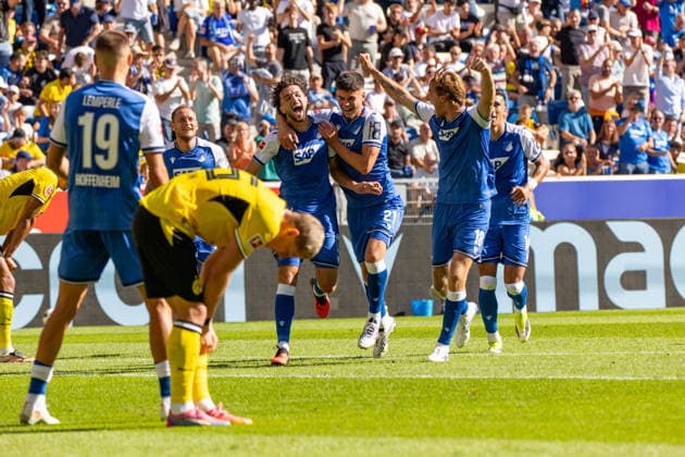 05.09.26 TSG Hoffenheim - Borussia Dortmund Deutschland, Sinsheim, 05.09.2026, Fussball, Bundesliga, Saison 2026 2027, TSG Hoffenheim - Borussia Dortmund: Leon Avdullahu (TSG Hoffenheim); Jubel Tor 1:0 Avdullahu. *** 05 09 26 TSG Hoffenheim Borussia Dortmund Germany, Sinsheim, 05 09 2026, Soccer, Bundesliga, 2026–2027 season, TSG Hoffenheim vs. Borussia Dortmund: Leon Avdullahu (TSG Hoffenheim) celebrates the goal (1–0) by Avdullahu