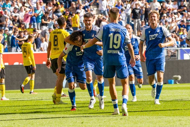 05.09.26 TSG Hoffenheim - Borussia Dortmund Deutschland, Sinsheim, 05.09.2026, Fussball, Bundesliga, Saison 2026 2027, TSG Hoffenheim - Borussia Dortmund: Leon Avdullahu (TSG Hoffenheim); Jubel Tor 1:0 Avdullahu. *** 05 09 26 TSG Hoffenheim Borussia Dortmund Germany, Sinsheim, 05 09 2026, Soccer, Bundesliga, 2026–2027 season, TSG Hoffenheim vs. Borussia Dortmund: Leon Avdullahu (TSG Hoffenheim) celebrates the goal (1–0) by Avdullahu