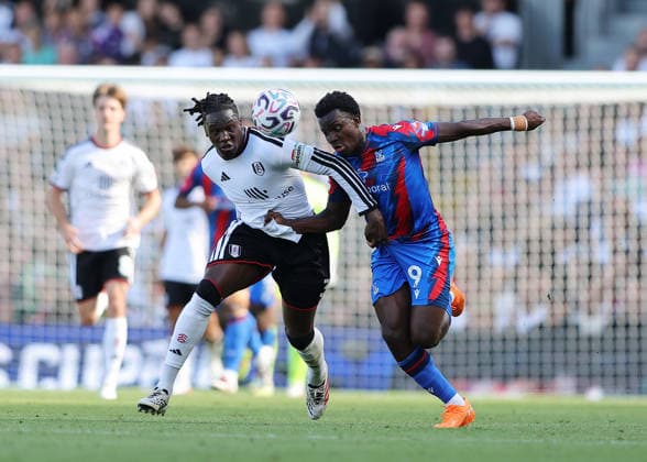 5th September 2026; Craven Cottage, Fulham, London, England; Premier League Football, Fulham versus Crystal Palace; Eddie Nketiah of Crystal Palace under pressure from Calvin Bassey of Fulham JohnxPatrickxFletcher