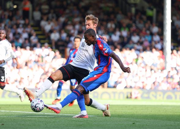 5th September 2026; Craven Cottage, Fulham, London, England; Premier League Football, Fulham versus Crystal Palace; Tyrick Mitchell of Crystal Palace scoring his sides 1st goal in the 35th minute to make it 1-1 JohnxPatrickxFletcher