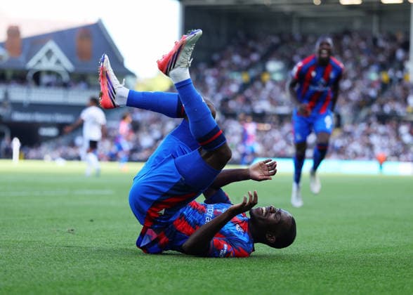 5th September 2026; Craven Cottage, Fulham, London, England; Premier League Football, Fulham versus Crystal Palace; Tyrick Mitchell of Crystal Palace celebrates after scoring his sides 1st goal in the 35th minute to make it 1-1 JohnxPatrickxFletcher