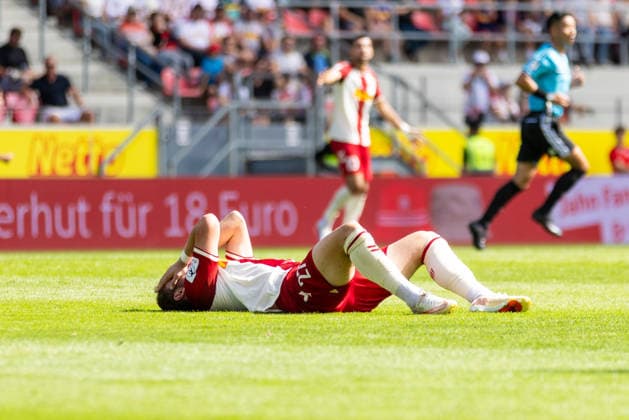 September 5, 2026, Soccer, GER, Season, 3rd Division, 2026–2027 Season, Matchday 4, SSV Jahn Regensburg vs. MSV Duisburg, Lucas Hermes of SSV Jahn Regensburg lies injured on the ground. DFL regulations prohibit any use of photographs as image sequences and or quasi-video.