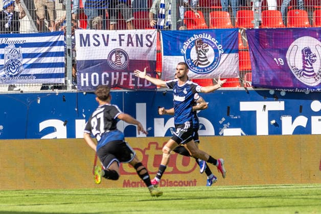 September 5, 2026, Soccer, GER, Season, 3rd Division, 2026–2027 Season, Matchday 4, SSV Jahn Regensburg vs. MSV Duisburg: Jubilation after Peter Remmert s 2–1 goal for Duisburg. DFL regulations prohibit any use of photographs as image sequences and or quasi-video.