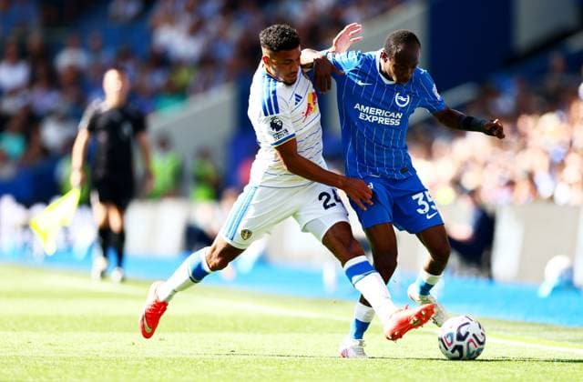 Malick Yalcouye of Brighton and Hove Albion and James Justin of Leeds United. Brighton and Hove Albion v Leeds United, Premier League Football, Football, American Express Community Stadium, Brighton, UK - 05 Sep 2026Brighton American Express Community Stadi United Kingdom EDITORIAL USE ONLY No use with unauthorised audio, video, data, fixture lists, club league logos or live services. Online in-match use limited to 120 images, no video emulation. No use in betting, games or single club league player publications. Copyright: xJamesxMarsh Shutterstockx 17134973ap
