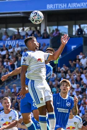 Brighton and Hove Albion v Leeds United Premier League James Justin of Leeds United wins a header during the Premier League match at the American Express Stadium, Brighton and Hove 05 09 2026 UK Newspapers OUT Copyright: xJeremyxLandeyx FIL-23899-0045