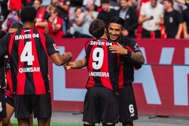 Torschuetze zum 1-0 Ezequiel Fernandez (Bayer 04 Leverkusen, 06) wird beglueckwuenscht von Afonso Moreira (Bayer 04 Leverkusen, 09) Bayer 04 Leverkusen vs. 1.FC Union Berlin, Fussball, 1.Bundesliga, 2.Spieltag, Saison 2026 27, 05.09.2026, DFL REGULATIONS PROHIBIT ANY USE OF PHOTOGRAPHS AS IMAGE SEQUENCES AND OR QUASI-VIDEO, Bayer 04 Leverkusen vs. 1.FC Union Berlin, Fussball, 1.Bundesliga, 2.Spieltag, Saison 2026 27, 05.09.2026 Leverkusen *** Ezequiel Fernandez of Bayer 04 Leverkusen, No. 06, scores the 1-0 goal and is congratulated by Afonso Moreira of Bayer 04 Leverkusen, No. 09. Bayer 04 Leverkusen vs. 1. FC Union Berlin, soccer, 1. Bundesliga, Matchday 2, 2026–27 season, September 5, 2026, DFL regulations prohibit any use of photographs as image sequences and or quasi-video. Bayer 04 Leverkusen vs. 1. FC Union Berlin, soccer, Bundesliga 1, Matchday 2, 2026–27 season, May 9, 2026, Leverkusen Copyright: xEibner-Pressefoto LukasxBaldygax EP_LBA
