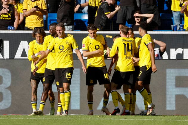 Torjubel BVB Dortmund beim 3:3 , Deutschland, Fussball, 1. Bundesliga, 2.Spieltag, 2026 2027, TSG Hoffenheim vs. Borussia Dortmund, 05.09.2026, Sinsheim SNP Arena Deutschland *** BVB Dortmund celebrates a goal in the 3-3 match, Germany, soccer, Bundesliga 1, Matchday 2, 2026–2027, TSG Hoffenheim vs. Borussia Dortmund, September 5, 2026, Sinsheim SNP Arena, Germany Copyright: xGrantxHubbsx