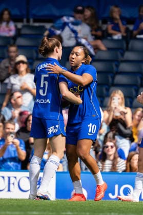 September 5, 2026, London, England, United Kingdom: Chelsea s Lauren James hugs teammate Sjoeke NoÂ¼sken after scoring the opening goal during the Barclays Women s Super League match against Aston Villa at Stamford Bridge. London United Kingdom - ZUMAh209 20260905_zsp_h209_014 Copyright: xAlixHabibx