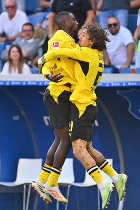 Torjubel v.re:Fabio SILVA (Borussia Dortmund) nach Tor zum 2-2 mi Serhou GUIRASSY (DO), Jubel,Freude,Begeisterung,Aktion. Fussball 1. Bundesliga Saison 2026 2027, 2.Spieltag, Spieltag02,, TSG 1899 Hoffenheim - Borussia Dortmund am 05.09.2026 , SNP ARENA Â *** Goal celebration by Fabio SILVA of Borussia Dortmund after Serhou GUIRASSY scored the 2-2 goal, celebration, joy, excitement, soccer action, Bundesliga 2026-2027 season, Matchday 2, Matchday 02, TSG 1899 Hoffenheim vs. Borussia Dortmund on September 5, 2026, SNP ARENA Â