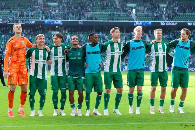 Torhueter Karl Hein (Werder Bremen), Ivan San Jose Cantalejo Chuki (Werder Bremen), Dariusz Stalmach (Werder Bremen), Arthur (Werder Bremen), Moussa Ndiaye (Werder Bremen), Cedric Itten (Werder Bremen), Oskar Wojcik (Werder Bremen), Youri Regeer (Werder Bremen) und Niklas Stark (Werder Bremen) jubeln waehrend des Spiels der 1. Bundesliga zwischen SV Werder Bremen und RB Leipzig, Weserstadion am 05. September 2026 in Bremen, Deutschland. (Foto von Marco Steinbrenner DeFodi Images) +++ Torhueter Karl Hein (Werder Bremen), Ivan San Jose Cantalejo Chuki (Werder Bremen), Dariusz Stalmach (Werder Bremen), Arthur (Werder Bremen), Moussa Ndiaye (Werder Bremen), Cedric Itten (Werder Bremen), Oskar Wojcik (Werder Bremen), Youri Regeer (Werder Bremen) und Niklas Stark (Werder Bremen) cheer during the Bundesliga match between SV Werder Bremen and RB Leipzig at Weserstadion on September 5, 2026 in Bremen, Germany. (Photo by Marco Steinbrenner DeFodi Images) DFB DFL REGULATIONS PROHIBIT ANY USE OF PHOTOGRAPHS AS IMAGE SEQUENCES AND OR QUASI-VIDEO. (Photo by Marco Steinbrenner DeFodi Images) - *** Goalkeeper Karl Hein of Werder Bremen, Ivan San Jose Cantalejo Chuki of Werder Bremen, Dariusz Stalmach of Werder Bremen, Arthur of Werder Bremen, Moussa Ndiaye of Werder Bremen, Cedric Itten of Werder Bremen, Oskar Wojcik of Werder Bremen, Youri Regeer of Werder Bremen, and Niklas Stark of Werder Bremen celebrate during the Bundesliga 1 match between SV Werder Bremen and RB Leipzig at the Weserstadion on September 5, 2026, in Bremen, Germany. Photo by Marco Steinbrenner, DeFodi Images. Goalkeeper Karl Hein (Werder Bremen), Ivan San Jose Cantalejo Chuki (Werder Bremen), Dariusz Stalmach (Werder Bremen), Arthur (Werder Bremen), Moussa Ndiaye (Werder Bremen), Cedric Itten of Werder Bremen, Oskar Wojcik of Werder Bremen, Youri Regeer of Werder Bremen, and Niklas Stark of Werder Bremen cheer during the Bundesliga match between SV Werder Bremen and RB Leipzig at Weserstadion on September 5, 2026 in Bremen, Germany. Photo by Marco Steinbrenner, DeFodi Images. DFB and DFL regulations prohibit any use of photographs as image sequences and or quasi-video. Photo by Marco Steinbrenner, DeFodi Images.