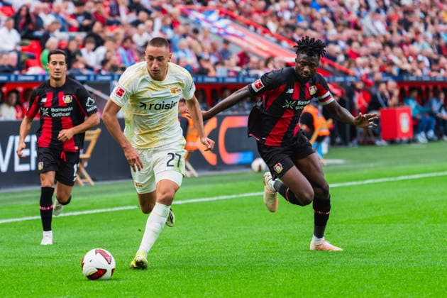 Lucas Vazquez (Bayer 04 Leverkusen, 17), Marin Ljubicic (1.FC Union Berlin, 27) laeuft Edmond Tapsoba (Bayer 04 Leverkusen, 12) davon Bayer 04 Leverkusen vs. 1.FC Union Berlin, Fussball, 1.Bundesliga, 2.Spieltag, Saison 2026 27, 05.09.2026, DFL REGULATIONS PROHIBIT ANY USE OF PHOTOGRAPHS AS IMAGE SEQUENCES AND OR QUASI-VIDEO, Bayer 04 Leverkusen vs. 1.FC Union Berlin, Fussball, 1.Bundesliga, 2.Spieltag, Saison 2026 27, 05.09.2026 Leverkusen *** Lucas Vázquez, Bayer 04 Leverkusen, 17; Marin Ljubicic, 1 FC Union Berlin, 27; Edmond Tapsoba, Bayer 04 Leverkusen, 12; including Bayer 04 Leverkusen vs. 1 FC Union Berlin, soccer, 1. Bundesliga, Matchday 2, 2026–27 season, May 9, 2026, DFL regulations prohibit any use of photographs as image sequences and or quasi-video, Bayer 04 Leverkusen vs. 1. FC Union Berlin, soccer, Bundesliga 1, Matchday 2, 2026–27 season, May 9, 2026, Leverkusen Copyright: xEibner-Pressefoto LukasxBaldygax EP_LBA