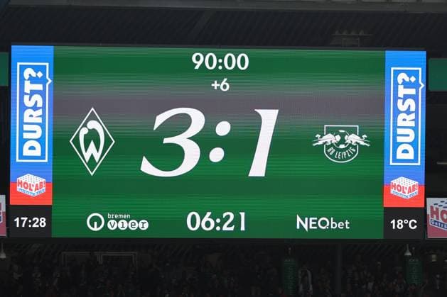 05.09.26, GER, Fussball, 1.FBL Männer, 2. Spieltag, Saison2026 2027, SV Werder Bremen vs. RB Leipzig Spielende Endstand 3:1. Anzeigentafel Feature Impression Endstand Spielstand 3:1 Bremen Weserstadion Bremen Germany *** 05 09 26, GER, Soccer, 1st Men s Bundesliga, Matchday 2, 2026–2027 Season, SV Werder Bremen vs. RB Leipzig, Final Score 3–1, Scoreboard, Feature, Impression, Final Score 3–1, Bremen, Weserstadion, Bremen, Germany Copyright: xnordphotoxGmbHx xTauchnitzx