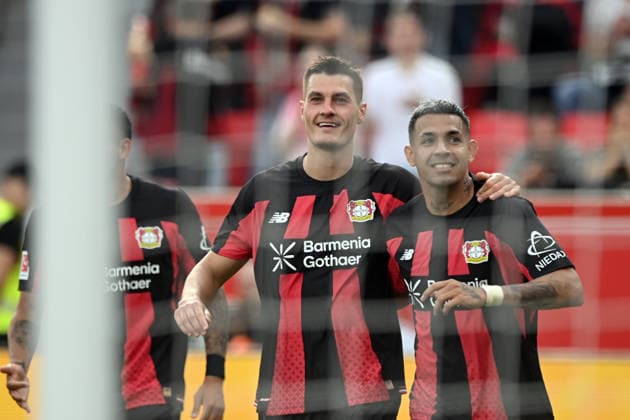Patrik SCHICK (LEV) jubelt nach seinem Tor zum 3:0 ,Jubel, jubeln, Freude, cheers, mit Facundo MEDINA (LEV) Fussball 1. Bundesliga, 2.Spieltag, matchday2, Bayer Leverkusen (LEV) - 1. FC Union Berlin (UB) 4-0 am 18.04.2026 in Leverkusen Deutschland. DFL regulations prohibit any use of photographs as image sequences and or quasi-video Â *** Patrik SCHICK (LEV) celebrates after scoring his goal to make it 3–0—celebration, cheering, joy, cheers—with Facundo MEDINA (LEV). Soccer, 1. Bundesliga, Matchday 2, matchday2, Bayer Leverkusen (LEV) 1, FC Union Berlin (UB) 4–0 on April 18, 2026, in Leverkusen, Germany. DFL regulations prohibit any use of photographs as image sequences and or quasi-video.