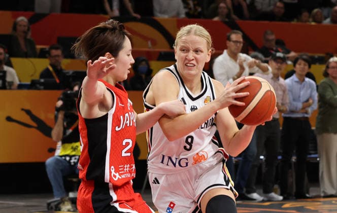 Norika Konno, Emma Eichmeyer with the ball; one-on-one; game scene; action; sports; basketball; FIBA World Cup; World Championship; Women s World Cup; 2026-2027 season; May 9, 2026; DBB; Germany (GER) vs. Japan (JPN)
