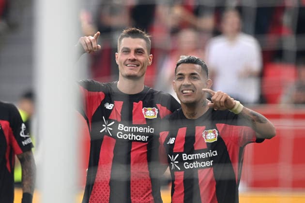 Patrik SCHICK (LEV) jubelt nach seinem Tor zum 3:0 ,Jubel, jubeln, Freude, cheers, mit Facundo MEDINA (LEV) Fussball 1. Bundesliga, 2.Spieltag, matchday2, Bayer Leverkusen (LEV) - 1. FC Union Berlin (UB) 4-0 am 18.04.2026 in Leverkusen Deutschland. DFL regulations prohibit any use of photographs as image sequences and or quasi-video Â *** Patrik SCHICK (LEV) celebrates after scoring his goal to make it 3–0—celebration, cheering, joy, cheers—with Facundo MEDINA (LEV). Soccer, 1. Bundesliga, Matchday 2, matchday2, Bayer Leverkusen LEV 1 FC Union Berlin UB 4–0 on April 18, 2026, in Leverkusen, Germany. DFL regulations prohibit any use of photographs as image sequences and or quasi-video.