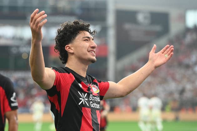 Ibrahim MAZA (LEV) jubelt nach seinem Tor zum 4:0 Jubel, jubeln, Freude, cheers, Fussball 1. Bundesliga, 2.Spieltag, matchday2, Bayer Leverkusen (LEV) - 1. FC Union Berlin (UB) 4-0 am 18.04.2026 in Leverkusen Deutschland. DFL regulations prohibit any use of photographs as image sequences and or quasi-video Â *** Ibrahim MAZA LEV celebrates after scoring his goal to make it 4–0: celebration, cheering, joy, cheers, soccer, Bundesliga 1, Matchday 2, matchday2, Bayer Leverkusen (LEV) 1, FC Union Berlin (UB) 4–0 on April 18, 2026, in Leverkusen, Germany. DFL regulations prohibit any use of photographs as image sequences and or quasi-video.