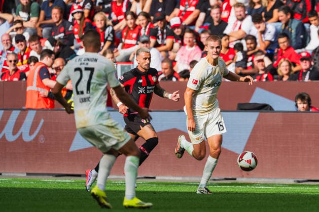 Marin Ljubicic (1.FC Union Berlin, 27), Aleix Garcia (Bayer 04 Leverkusen, 24) greift Tom Rothe (1.FC Union Berlin, 15) an Bayer 04 Leverkusen vs. 1.FC Union Berlin, Fussball, 1.Bundesliga, 2.Spieltag, Saison 2026 27, 05.09.2026, DFL REGULATIONS PROHIBIT ANY USE OF PHOTOGRAPHS AS IMAGE SEQUENCES AND OR QUASI-VIDEO, Bayer 04 Leverkusen vs. 1.FC Union Berlin, Fussball, 1.Bundesliga, 2.Spieltag, Saison 2026 27, 05.09.2026 Leverkusen *** Marin Ljubicic (1. FC Union Berlin), 27, Aleix Garcia (Bayer 04 Leverkusen), 24, tackles Tom Rothe (1. FC Union Berlin), 15. Bayer 04 Leverkusen vs. 1. FC Union Berlin, Soccer, 1. Bundesliga, Matchday 2, 2026–27 season, May 9, 2026, DFL regulations prohibit any use of photographs as image sequences and or quasi-video. Bayer 04 Leverkusen vs. 1 FC Union Berlin, soccer, Bundesliga 1, Matchday 2, 2026–27 season, May 9, 2026, Leverkusen Copyright: xEibner-Pressefoto LukasxBaldygax EP_LBA