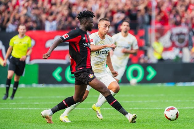 Edmond Tapsoba (Bayer 04 Leverkusen, 12) im Zweikampf mit Marin Ljubicic (1.FC Union Berlin, 27) Bayer 04 Leverkusen vs. 1.FC Union Berlin, Fussball, 1.Bundesliga, 2.Spieltag, Saison 2026 27, 05.09.2026, DFL REGULATIONS PROHIBIT ANY USE OF PHOTOGRAPHS AS IMAGE SEQUENCES AND OR QUASI-VIDEO, Bayer 04 Leverkusen vs. 1.FC Union Berlin, Fussball, 1.Bundesliga, 2.Spieltag, Saison 2026 27, 05.09.2026 Leverkusen *** Edmond Tapsoba (Bayer 04 Leverkusen), No. 12, in a tackle with Marin Ljubicic (1. FC Union Berlin), No. 27; Bayer 04 Leverkusen vs. 1. FC Union Berlin; Soccer; Bundesliga 1; Matchday 2; 2026–27 season, September 5, 2026, DFL regulations prohibit any use of photographs as image sequences and or quasi-video, Bayer 04 Leverkusen vs. 1. FC Union Berlin, soccer, Bundesliga 1, Matchday 2, 2026–27 season, September 5, 2026, Leverkusen Copyright: xEibner-Pressefoto LukasxBaldygax EP_LBA
