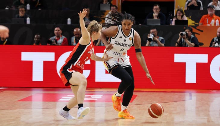 Norika Konno, Nyara Sabally with the ball; one-on-one; game action; sports; basketball; FIBA World Cup; Women s World Championship; 2026-2027 season; May 9, 2026; DBB; Germany (GER) vs. Japan (JPN)