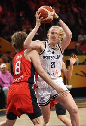 Maki Takada, Marie Guelich with the ball; one-on-one; game scene; action; sports; basketball; FIBA World Cup; World Championship; Women s World Cup; 2026-2027 season; May 9, 2026; DBB; Germany (GER) vs. Japan (JPN)