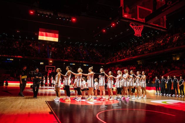 2026 FIBA Women’s Basketball World Cup: Germany vs. Japan, September 5, 2026—Team Germany during the national anthem, Basketball, FIBA Women’s Basketball World Cup 2026, Group Stage, Group A, Matchday 2: Germany vs. Japan on September 5, 2026, at the Max Schmeling Halle in Berlin Copyright: xBEAUTIFULxSPORTS Tonhäuserx