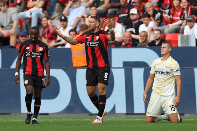 Robert Andrich (Bayer 04 Leverkusen) gestikuliert, Gestik waehrend des Spiels der 1. Bundesliga zwischen Bayer 04 Leverkusen und 1. FC Union Berlin, BayArena am 05. September 2026 in Leverkusen, Deutschland. (Foto von Oliver Kaelke DeFodi Images) +++ Robert Andrich (Bayer 04 Leverkusen) gestures during the Bundesliga match between Bayer 04 Leverkusen and 1. FC Union Berlin at BayArena on September 5, 2026 in Leverkusen, Germany. (Photo by Oliver Kaelke DeFodi Images) DFB DFL REGULATIONS PROHIBIT ANY USE OF PHOTOGRAPHS AS IMAGE SEQUENCES AND OR QUASI-VIDEO. (Photo by Oliver Kaelke DeFodi Images) - *** Robert Andrich of Bayer 04 Leverkusen gesturing during the Bundesliga match between Bayer 04 Leverkusen and 1. FC Union Berlin, BayArena on September 5, 2026, in Leverkusen, Germany. Photo by Oliver Kaelke, DeFodi Images. Robert Andrich of Bayer 04 Leverkusen gestures during the Bundesliga match between Bayer 04 Leverkusen and 1 FC Union Berlin at BayArena on September 5, 2026 in Leverkusen, Germany Photo by Oliver Kaelke, DeFodi Images DFB and DFL regulations prohibit any use of photographs as image sequences and or quasi-video Photo by Oliver Kaelke, DeFodi Images