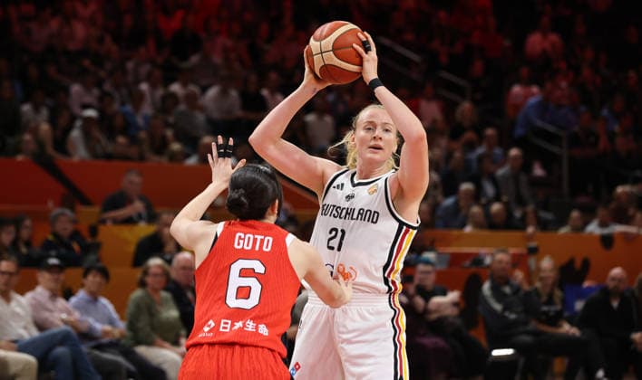 Otoha Goto, Marie Guelich with the ball; one-on-one; game scene; action; sports; basketball; FIBA World Cup; World Championship; Women s World Cup; 2026-2027 season; May 9, 2026; DBB; Germany (GER) vs. Japan (JPN)