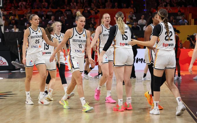 Clara Bielefeld and Leonie Fiebich high-five Luisa Geiselsöder and Emily Bessoir; Sports; Basketball; FIBA World Cup; Women s World Championship; 2026–2027 Season; May 9, 2026; DBB; Germany (GER) vs. Japan (JPN)
