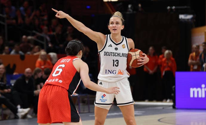 Otoha Goto and Leonie Fiebich, showing, gesturing, head-to-head, game scene, action, sports, basketball, FIBA World Cup, World Championship, Women s World Cup, 2026-2027 season, May 9, 2026, DBB, Germany (GER) vs. Japan (JPN)