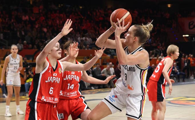 Otoha Goto, Azusa Asahina, Leonie Fiebich on the ball; one-on-one; game scene; action; sports; basketball; FIBA World Cup; World Championship; Women s World Cup; 2026–2027 season; May 9, 2026; DBB; Germany (GER) vs. Japan (JPN)