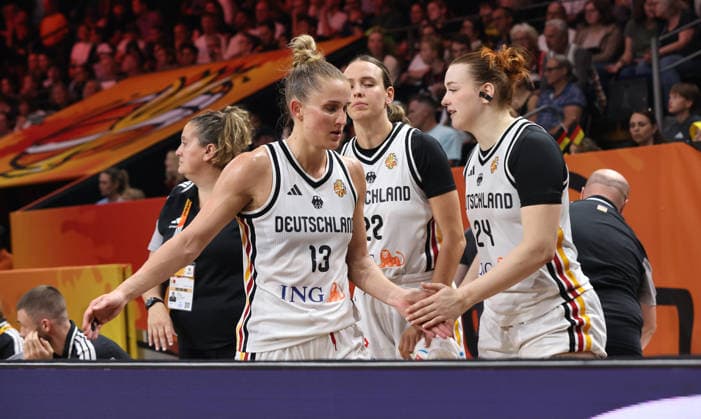 Leonie Fiebich high-fives Lina Sontag; Upper Body; Sports; Basketball; FIBA World Cup; Women s World Championship; 2026-2027 Season; May 9, 2026; DBB; Germany (GER) vs. Japan (JPN)