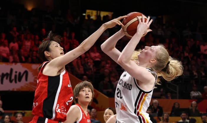 Norika Konno, Frieda Bühner with the ball; one-on-one; game scene; action; sports; basketball; FIBA World Cup; World Championship; Women s World Cup; 2026-2027 season; May 9, 2026; DBB; Germany (GER) vs. Japan (JPN)