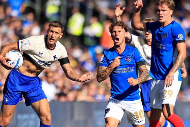 Portsmouth v Cardiff City Sky Bet Championship Krystian Bielik of Cardiff City looks on as Adrian SegeÄiÄ‡ of Portsmouth reacts during the Sky Bet Championship match at Fratton Park, Portsmouth 05 09 2026 UK Newspapers OUT Copyright: xNeilxHolmesx FIL-23900-0011