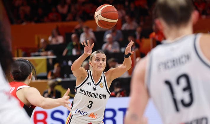 Alexandra Wilke on the Ball Action Upper Body Sports Basketball FIBA World Cup World Championship Women s World Championship 2026 Season May 9, 2027 2026 DBB Germany GER vs. Japan JPN