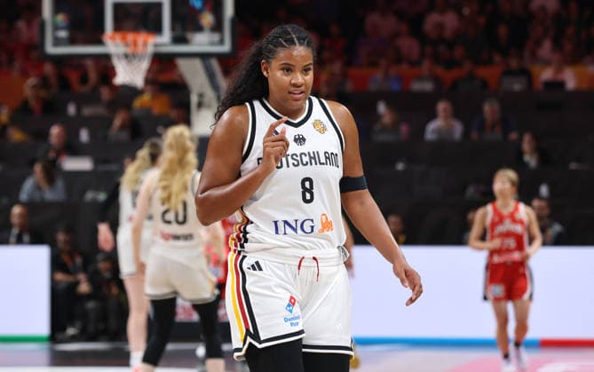 Nyara Sabally celebrates play Upper body Sports Basketball FIBA World Cup Women s World Championship 2026–2027 season May 9, 2026 DBB Germany GER vs. Japan JPN